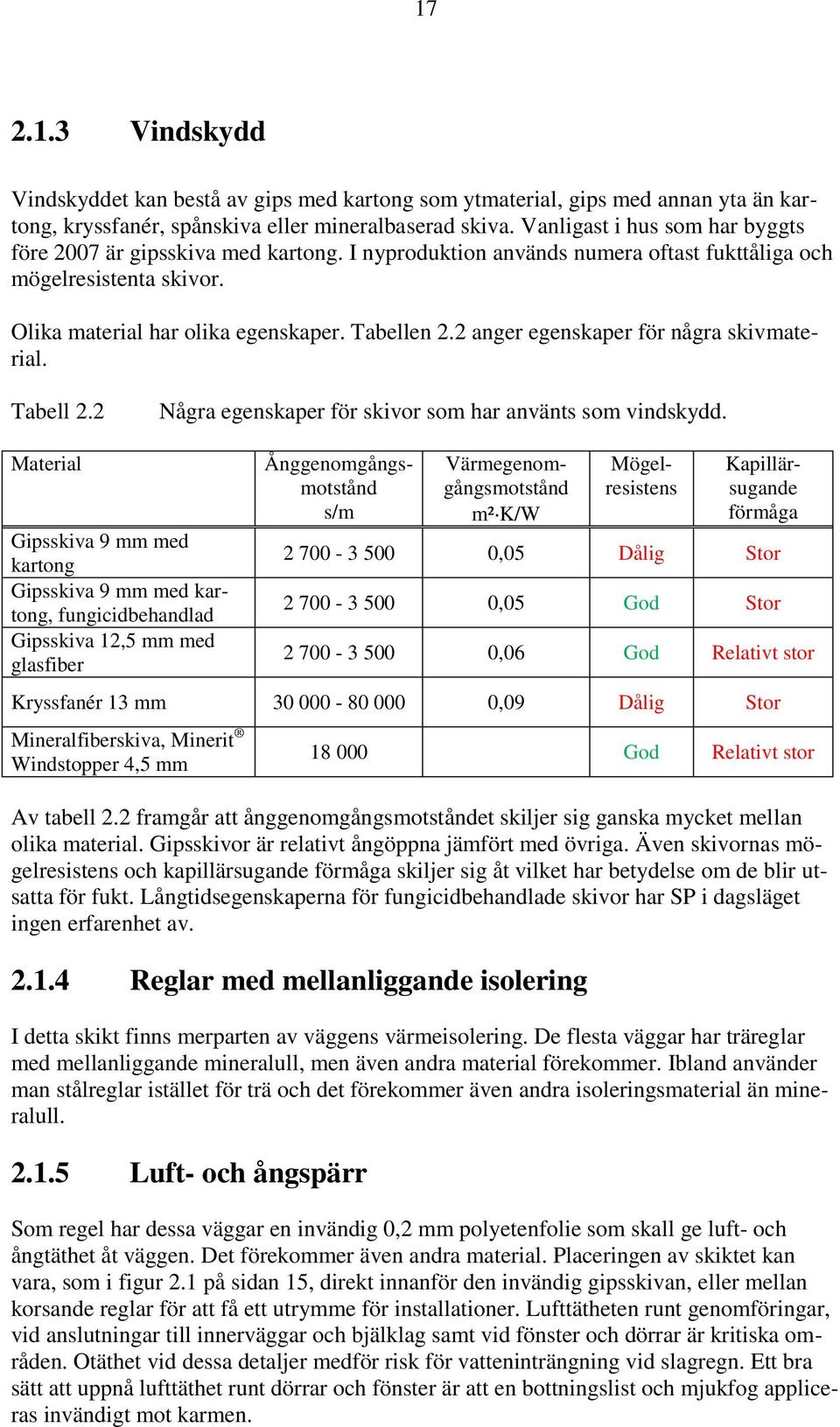 2 Några egenskaper för skivor som har använts som vindskydd.