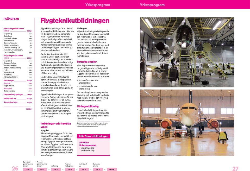 Flygplan 0 Flygplanslära 0 Helikopter 0 Helikopterlära 0 Programfördjupningar 500p Individuellt val 0 p Gymnasiearbete 0 p 00 p Flygteknikutbildningen är en riksrekryterande utbildning som riktar sig