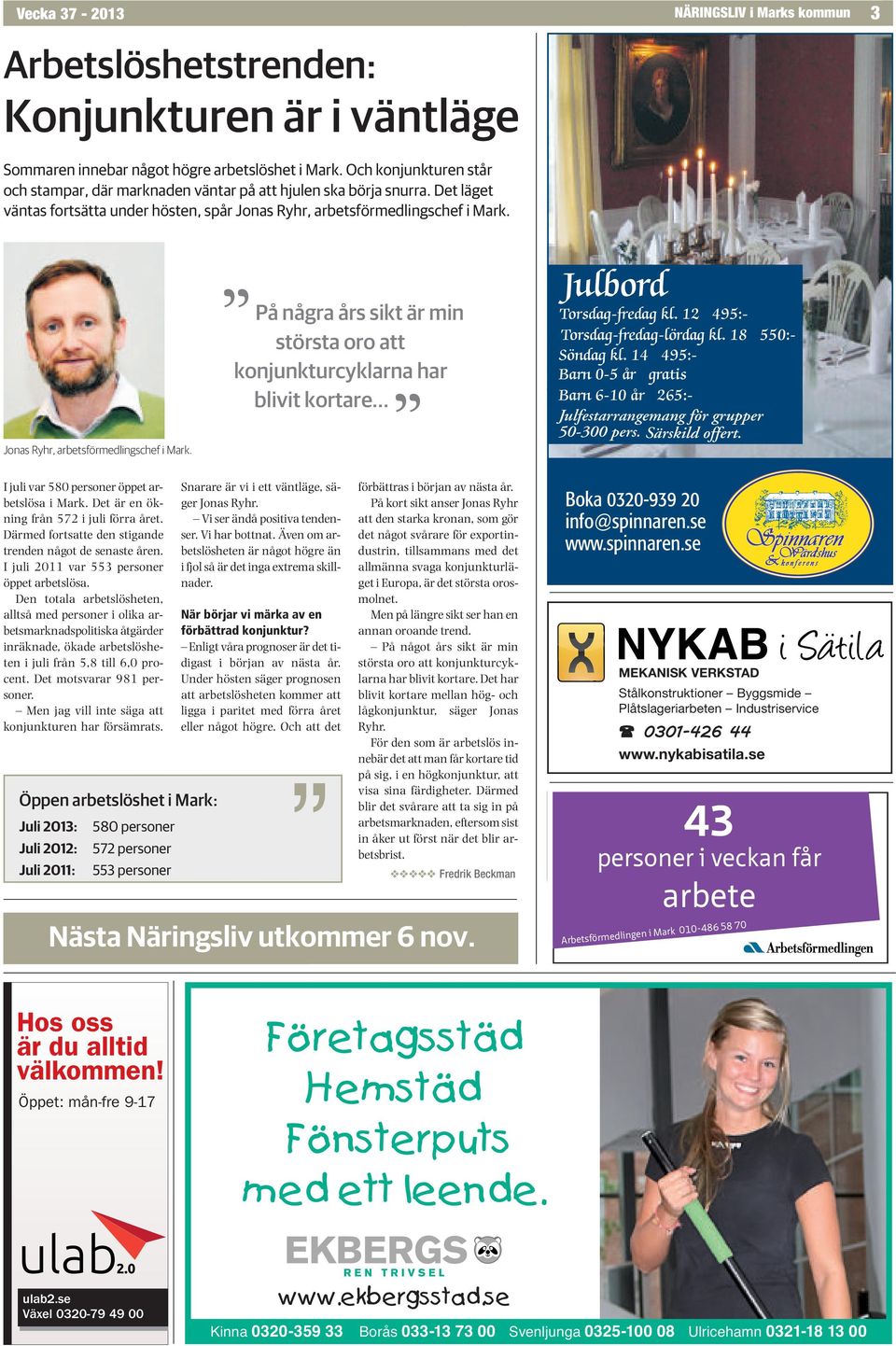 Jonas Ryhr, arbetsförmedlingschef i Mark. På några års sikt är min största oro att konjunkturcyklarna har blivit kortare... Julbord Torsdag-fredag kl. 12 495:- Torsdag-fredag-lördag kl.