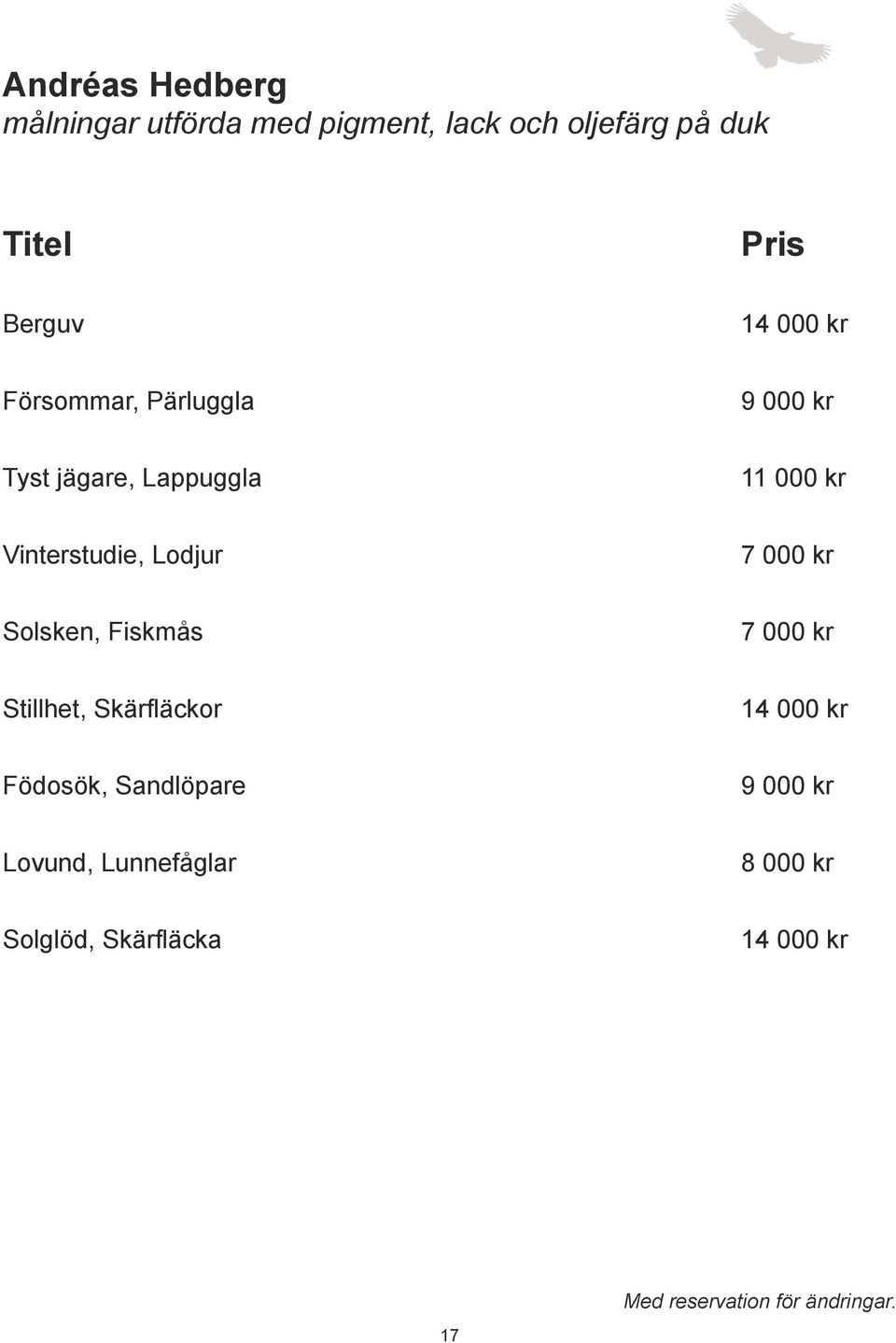 Vinterstudie, Lodjur 7 000 kr Solsken, Fiskmås 7 000 kr Stillhet, Skärfläckor 14