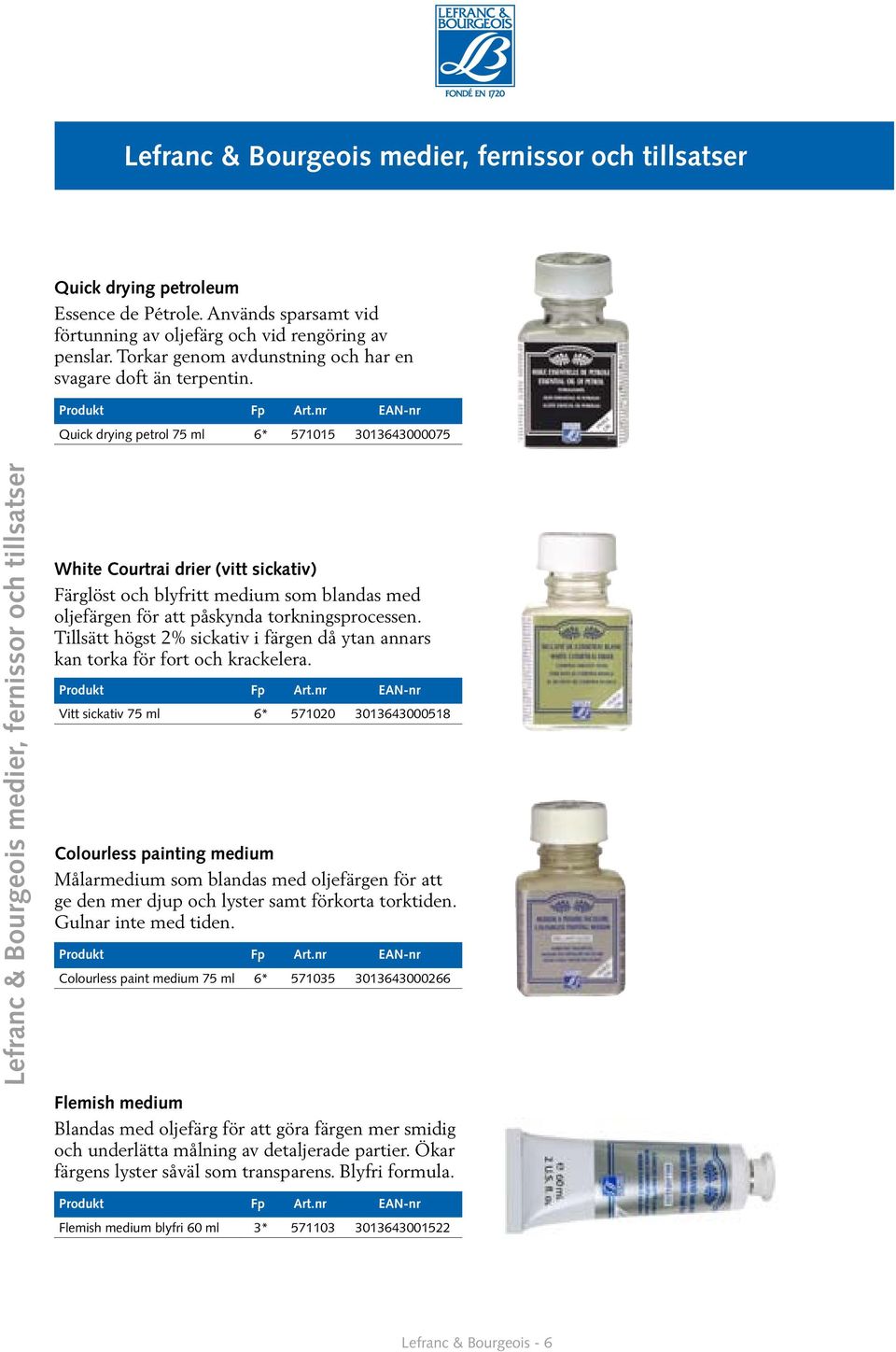 Quick drying petrol 75 ml 6* 571015 3013643000075 Lefranc & Bourgeois medier, fernissor och tillsatser White Courtrai drier (vitt sickativ) Färglöst och blyfritt medium som blandas med oljefärgen för