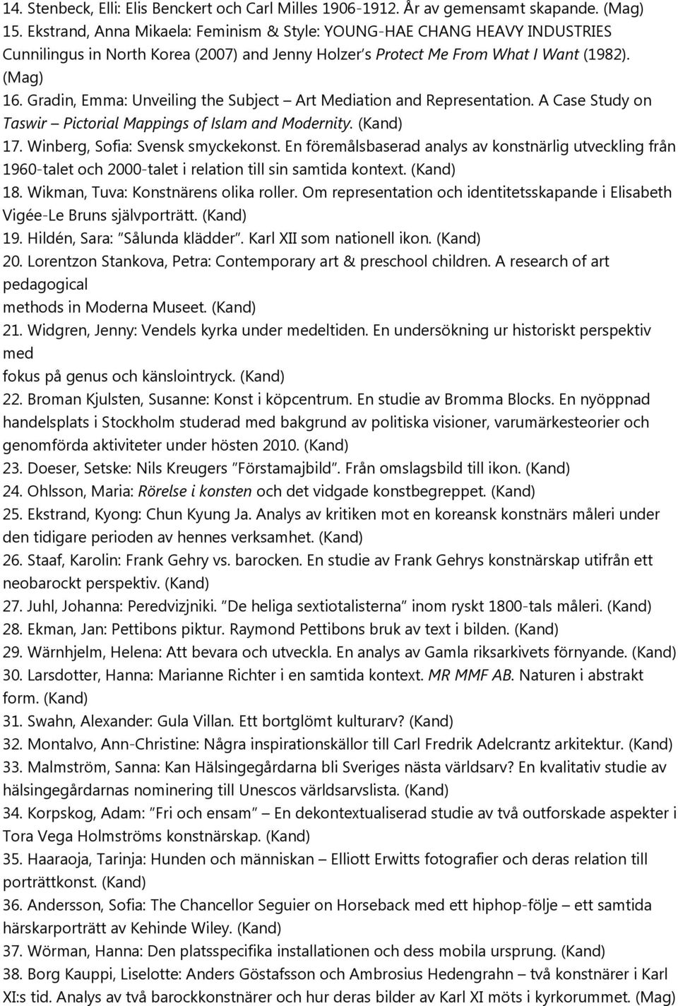 Gradin, Emma: Unveiling the Subject Art Mediation and Representation. A Case Study on Taswir Pictorial Mappings of Islam and Modernity. (Kand) 17. Winberg, Sofia: Svensk smyckekonst.