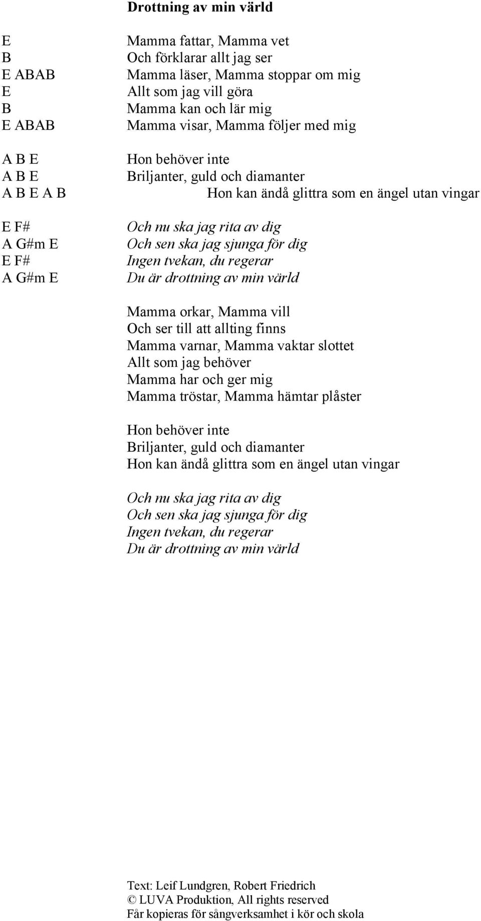 sjunga för dig Ingen tvekan, du regerar Du är drottning av min värld Mamma orkar, Mamma vill Och ser till att allting finns Mamma varnar, Mamma vaktar slottet Allt som jag behöver Mamma har och ger