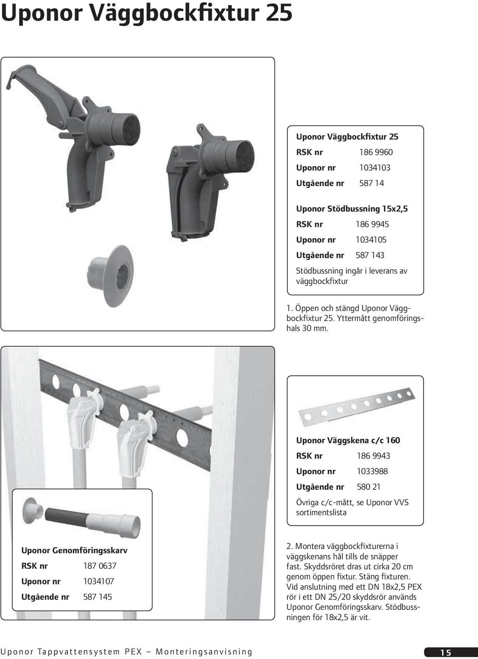 Uponor Väggskena c/c 160 RSK nr 186 9943 Uponor nr 1033988 Utgående nr 580 21 Övriga c/c-mått, se Uponor VVS sortimentslista Uponor Genomföringsskarv RSK nr 187 0637 Uponor nr 1034107 Utgående nr 587