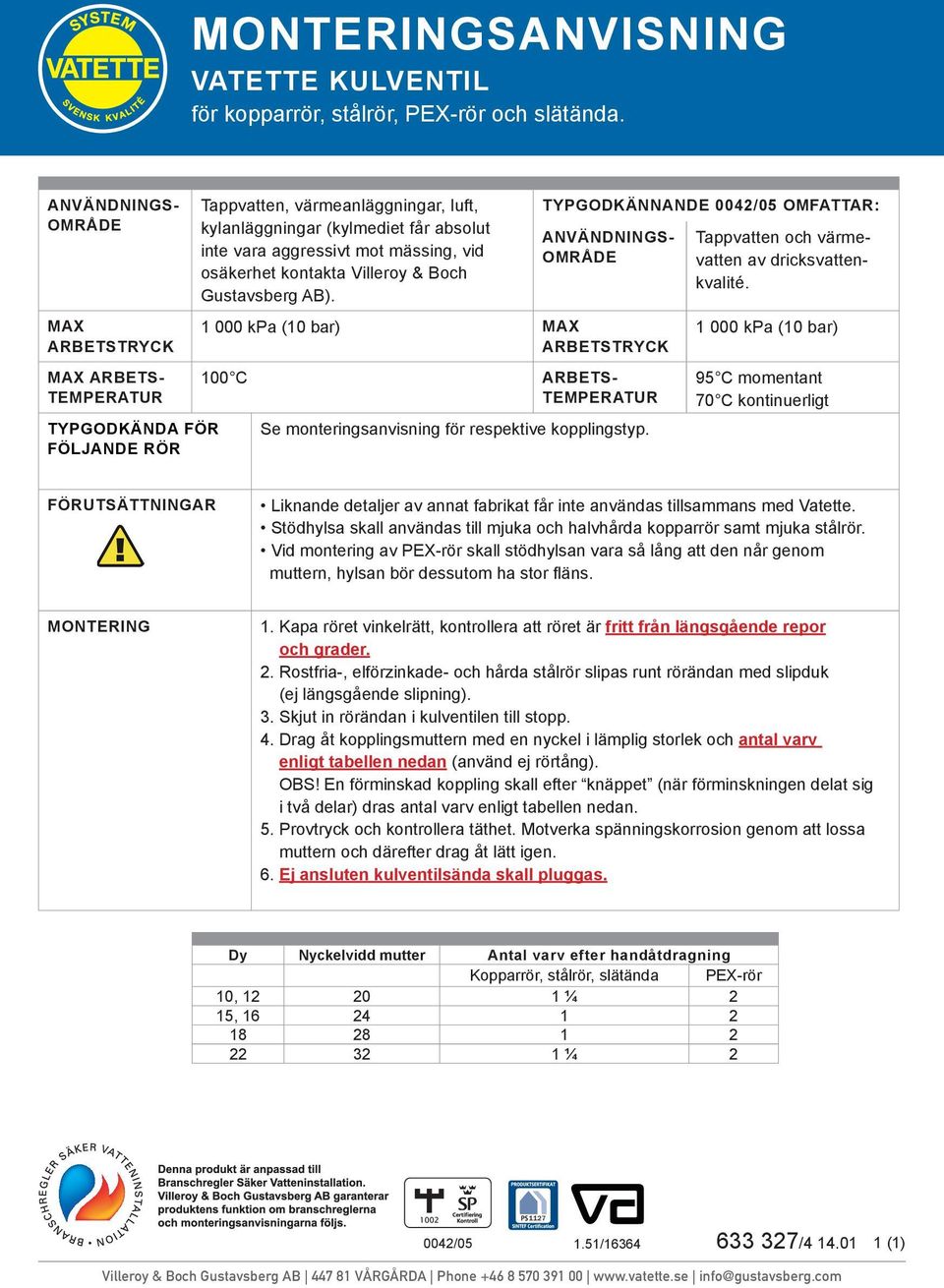 AB). 1 000 kpa (10 bar) 100 C Se monteringsanvisning för respektive kopplingstyp. TYPGODKÄNNANDE 0042/05 OMFATTAR: Tappvatten och värmevatten av dricksvattenkvalité.