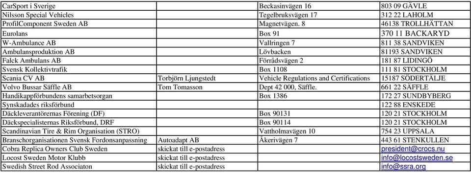 Kollektivtrafik Box 1108 111 81 STOCKHOLM Scania CV AB Torbjörn Ljungstedt Vehicle Regulations and Certifications 15187 SÖDERTÄLJE Volvo Bussar Säffle AB Tom Tomasson Dept 42 000, Säffle.