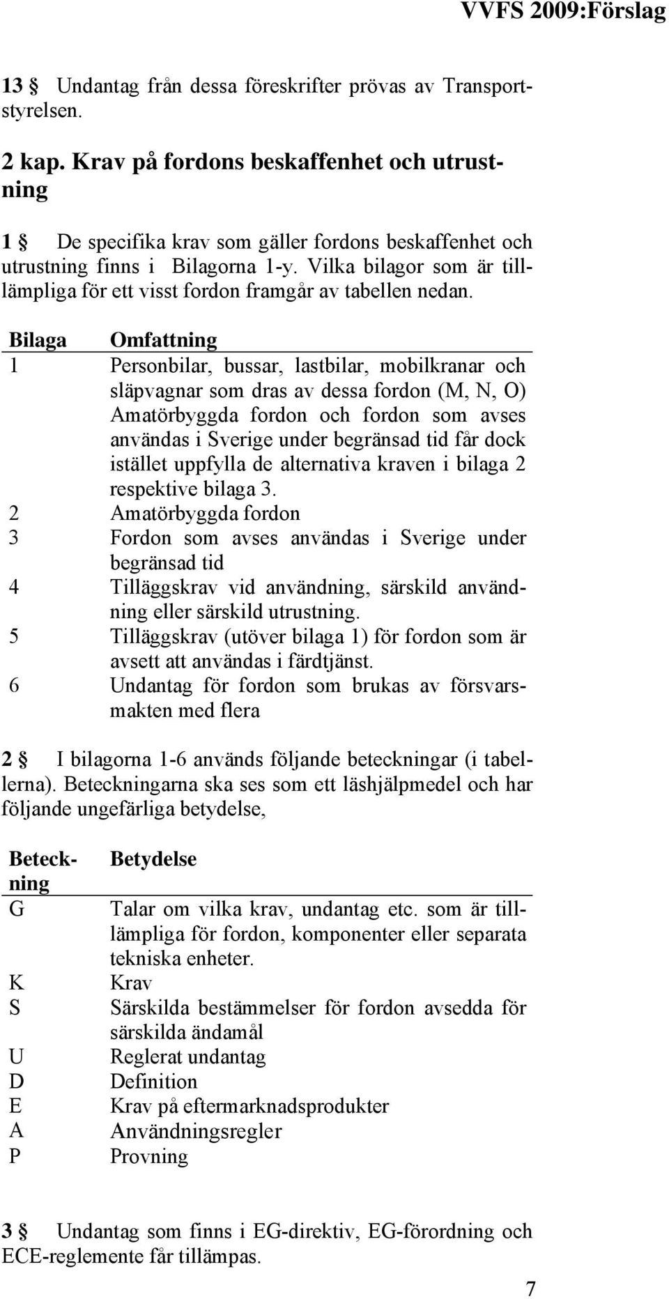 Vilka bilagor som är tilllämpliga för ett visst fordon framgår av tabellen nedan.