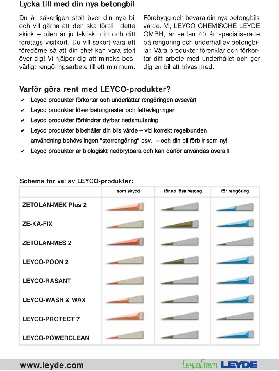 Vi, LEYCO CHEMISCHE LEYDE GMBH, är sedan 40 år specialiserade på rengöring och underhåll av betongbilar.