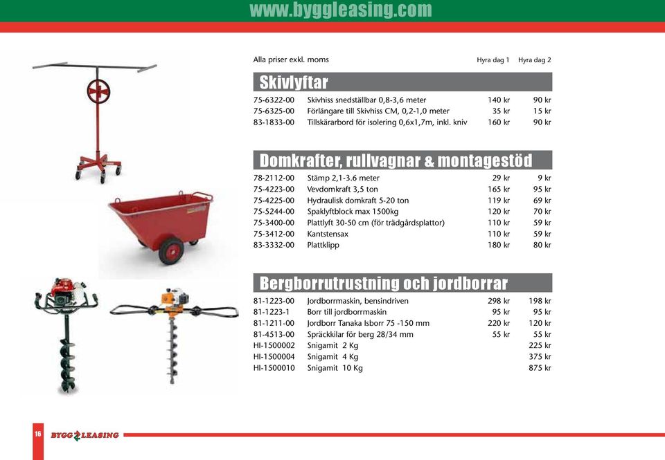 6 meter 29 kr 9 kr 75-4223-00 Vevdomkraft 3,5 ton 165 kr 95 kr 75-4225-00 Hydraulisk domkraft 5-20 ton 119 kr 69 kr 75-5244-00 Spaklyftblock max 1500kg 120 kr 70 kr 75-3400-00 Plattlyft 30-50 cm (för