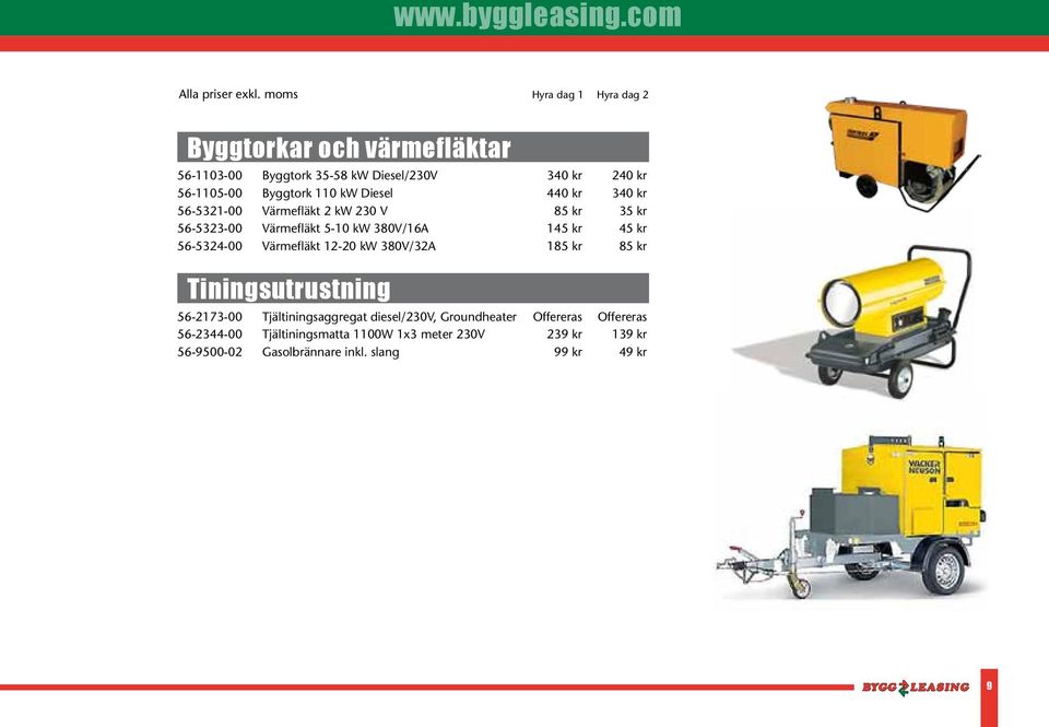 Värmefläkt 12-20 kw 380V/32A 185 kr 85 kr Tiningsutrustning 56-2173-00 Tjältiningsaggregat diesel/230v, Groundheater