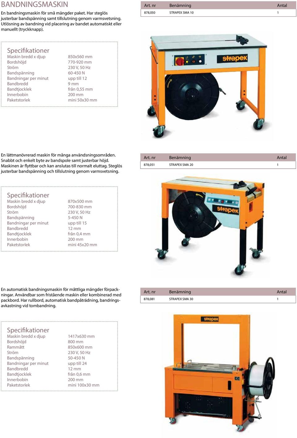 878,050 STRAPEX SMA 10 1 Specifikationer Maskin bredd x djup 850x560 mm Bordshöjd 770-920 mm Ström 230 V, 50 Hz 60-450 N Bandningar per minut upp till 12 Bandbredd 9 mm Bandtjocklek från 0,55 mm