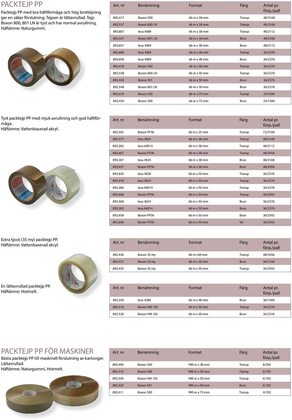 893,857 tesa 4089 66 m x 38 mm Brun 48/2112 893,808 tesa 4089 66 m x 48 mm Transp 36/2376 893,858 tesa 4089 66 m x 48 mm Brun 36/2376 892,418 Boxon 500 66 m x 50 mm Transp 36/2376 892,538 Boxon 800