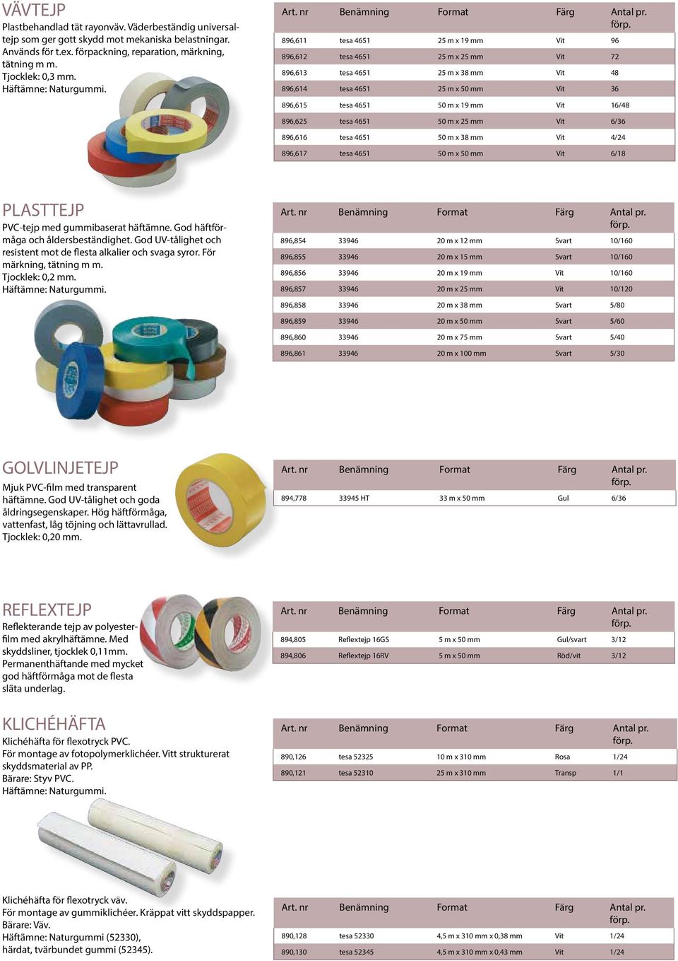 896,625 tesa 4651 50 m x 25 mm Vit 6/36 896,616 tesa 4651 50 m x 38 mm Vit 4/24 896,617 tesa 4651 50 m x 50 mm Vit 6/18 PLASTTEJP PVC-tejp med gummibaserat häftämne.