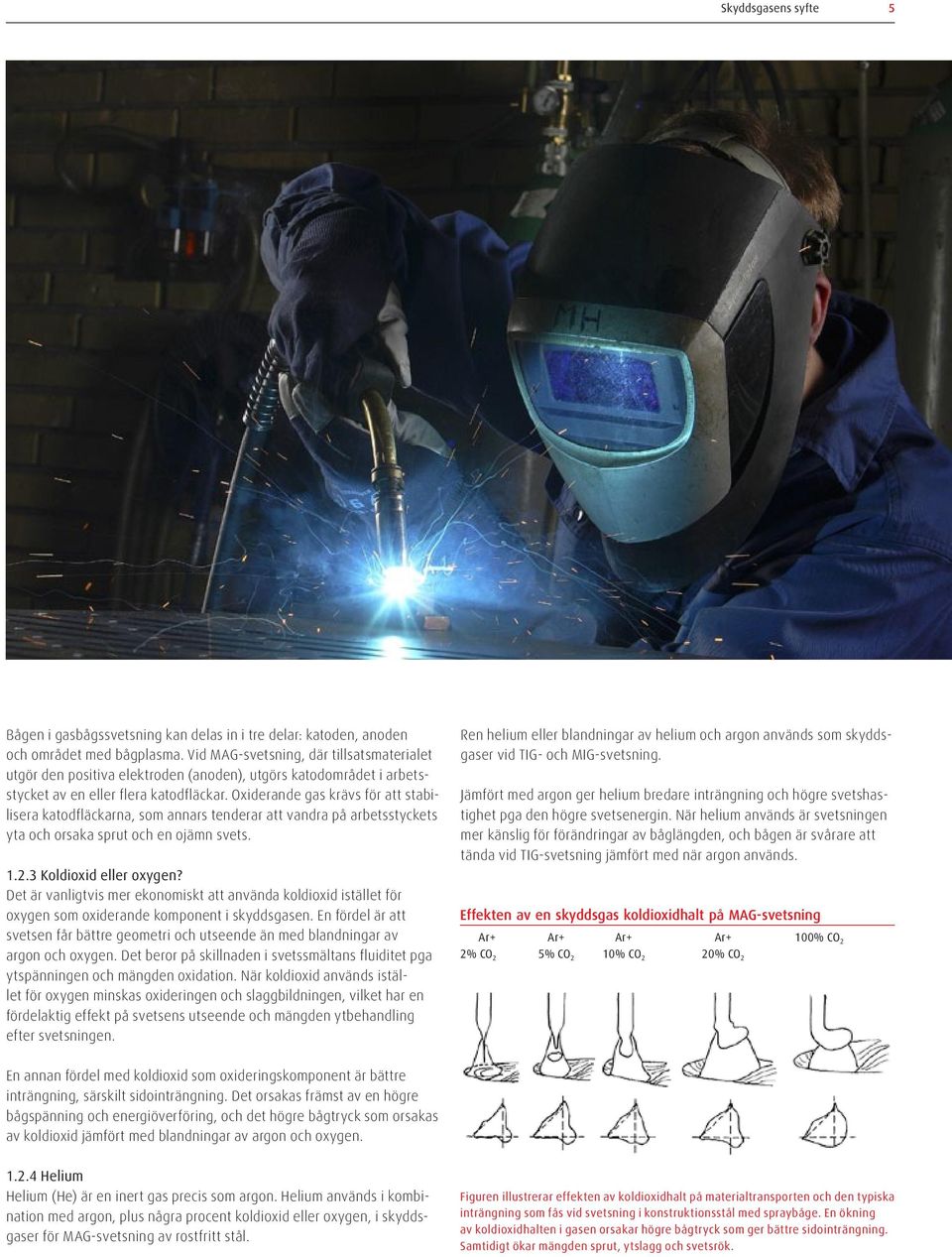 Oxiderande gas krävs för att stabilisera katodfläckarna, som annars tenderar att vandra på arbetsstyckets yta och orsaka sprut och en ojämn svets. 1.2.3 Koldioxid eller oxygen?