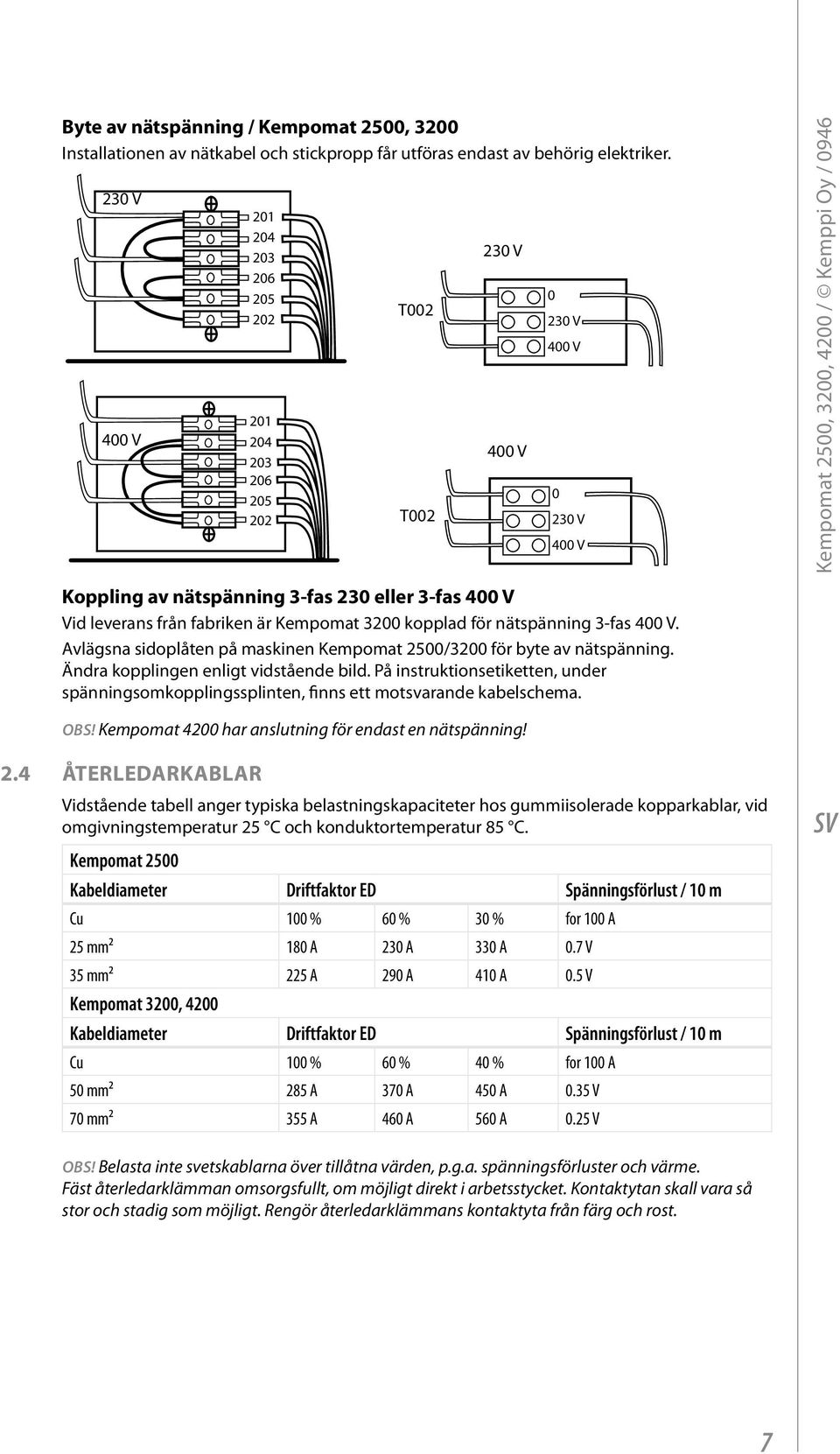 3-fas 400 V Vid leverans från fabriken är Kempomat 3200 kopplad för nätspänning 3-fas 400 V. Avlägsna sidoplåten på maskinen Kempomat 2500/3200 för byte av nätspänning.