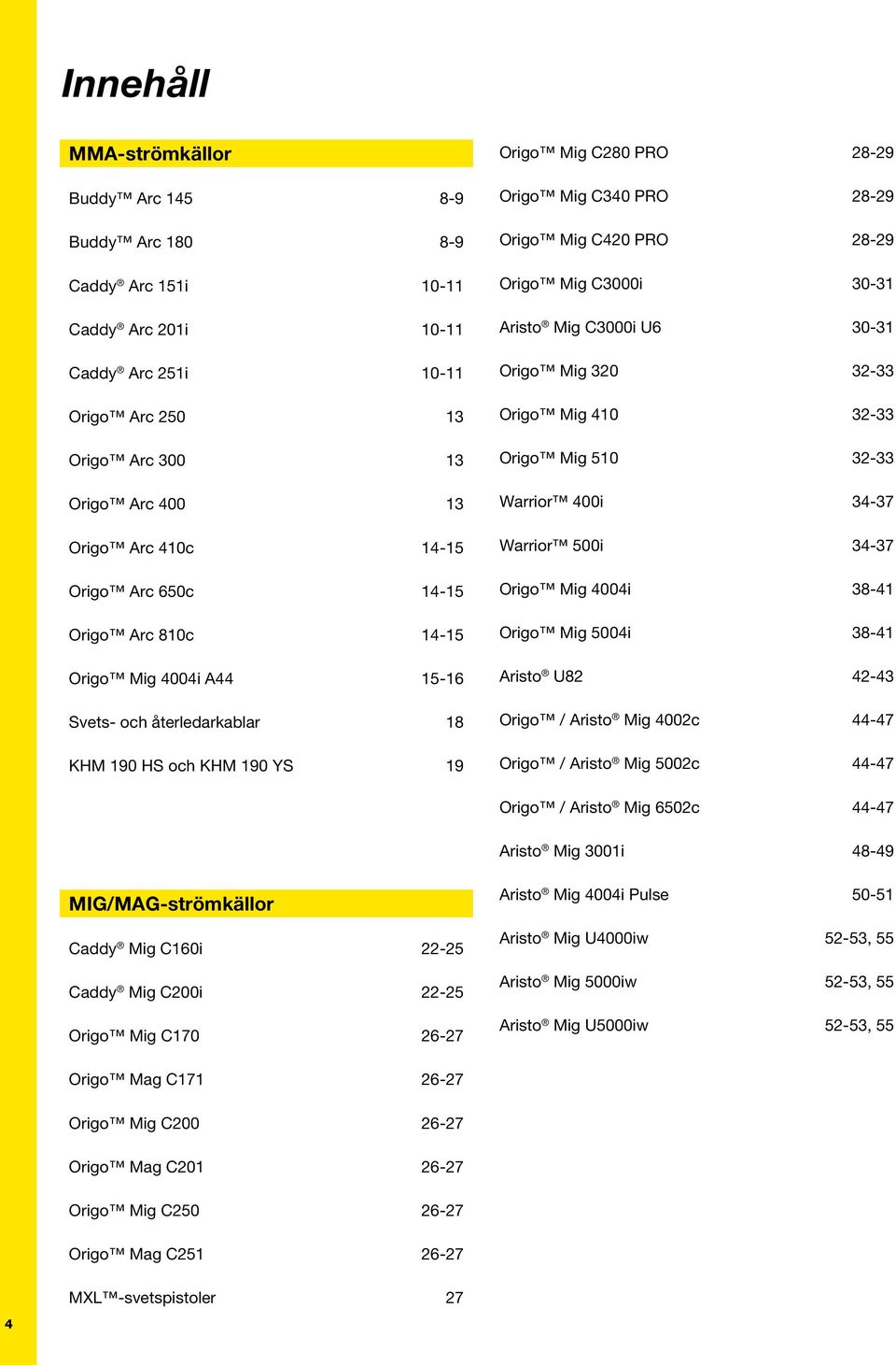28-29 Origo Mig C3000i 30-31 Aristo Mig C3000i U6 30-31 Origo Mig 320 32-33 Origo Mig 410 32-33 Origo Mig 510 32-33 Warrior 400i 34-37 Warrior 500i 34-37 Origo Mig 4004i 38-41 Origo Mig 5004i 38-41