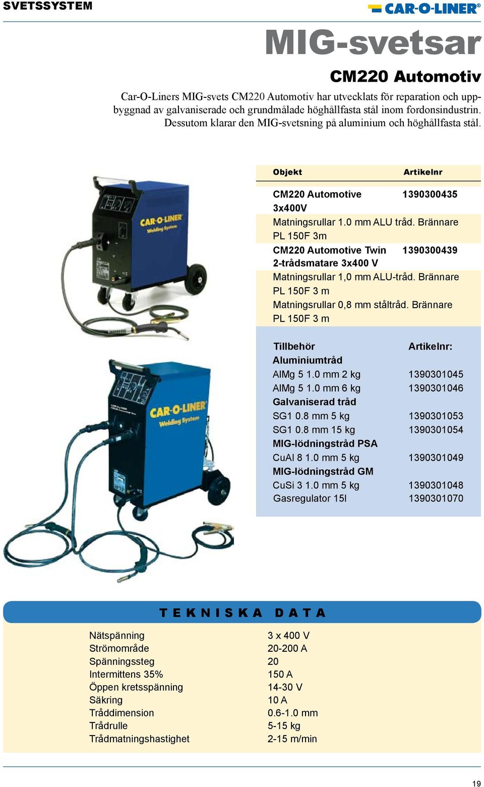 Brännare PL 50F m CM220 Automotive Twin 1390300439 2-trådsmatare 3x400 V Matningsrullar,0 mm ALU-tråd. Brännare PL 50F m Matningsrullar 0,8 mm ståltråd.