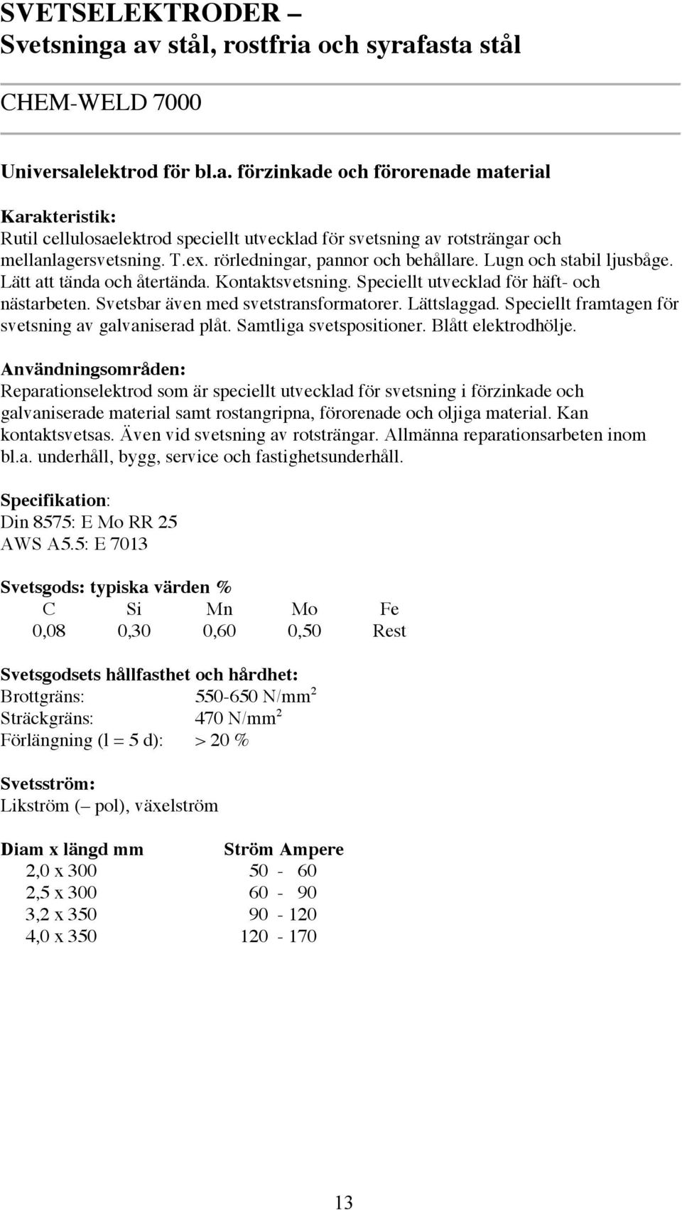 Svetsbar även med svetstransformatorer. Lättslaggad. Speciellt framtagen för svetsning av galvaniserad plåt. Samtliga svetspositioner. Blått elektrodhölje.