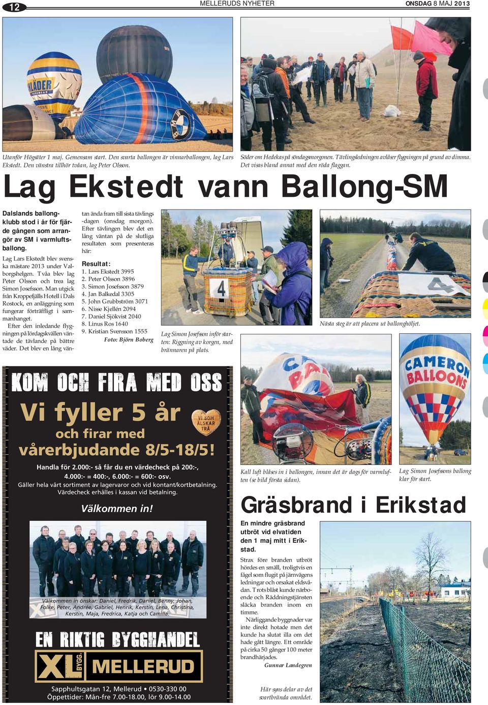 Lag Ekstedt vann Ballong-SM Dalslands ballongklubb stod i år för fjärde gången som arrangör av SM i varmluftsballong. Lag Lars Ekstedt blev svenska mästare 2013 under Valborgshelgen.