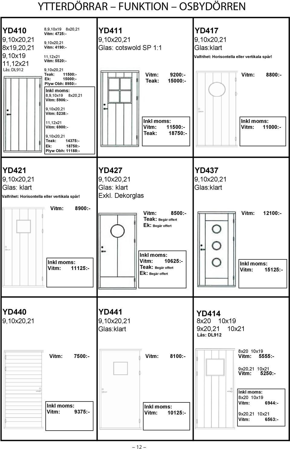 Vitm: 8800:- Vitm: 5238:- 11,12x21 Vitm: 6900:- Teak: 14375:- Ek: 18750:- Plyw Obh: 11188:- Vitm: 11500:- Teak: 18750:- Vitm: 11000:- YD421 YD427 YD437 Glas: klart Glas: klart Glas:klart Valfrihet: