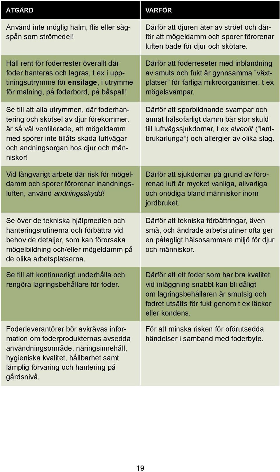 Se till att alla utrymmen, där foderhantering och skötsel av djur förekommer, är så väl ventilerade, att mögeldamm med sporer inte tillåts skada luftvägar och andningsorgan hos djur och människor!