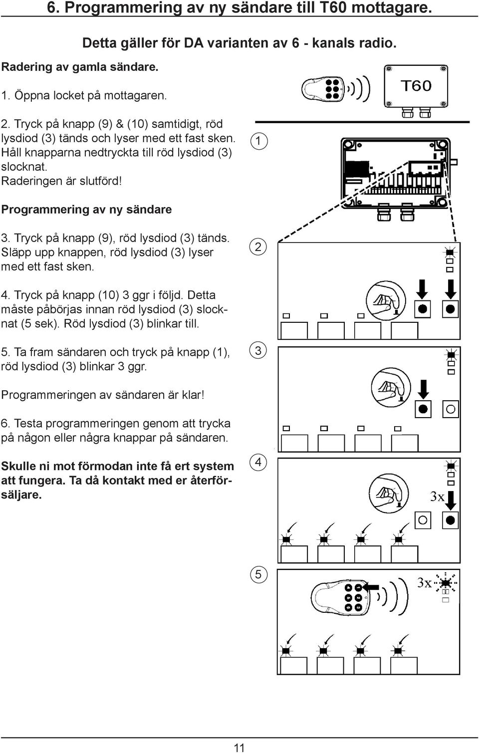 1 Programmering av ny sändare 3. Tryck på knapp (9), röd lysdiod (3) tänds. Släpp upp knappen, röd lysdiod (3) lyser med ett fast sken. 2 4. Tryck på knapp (10) 3 ggr i följd.