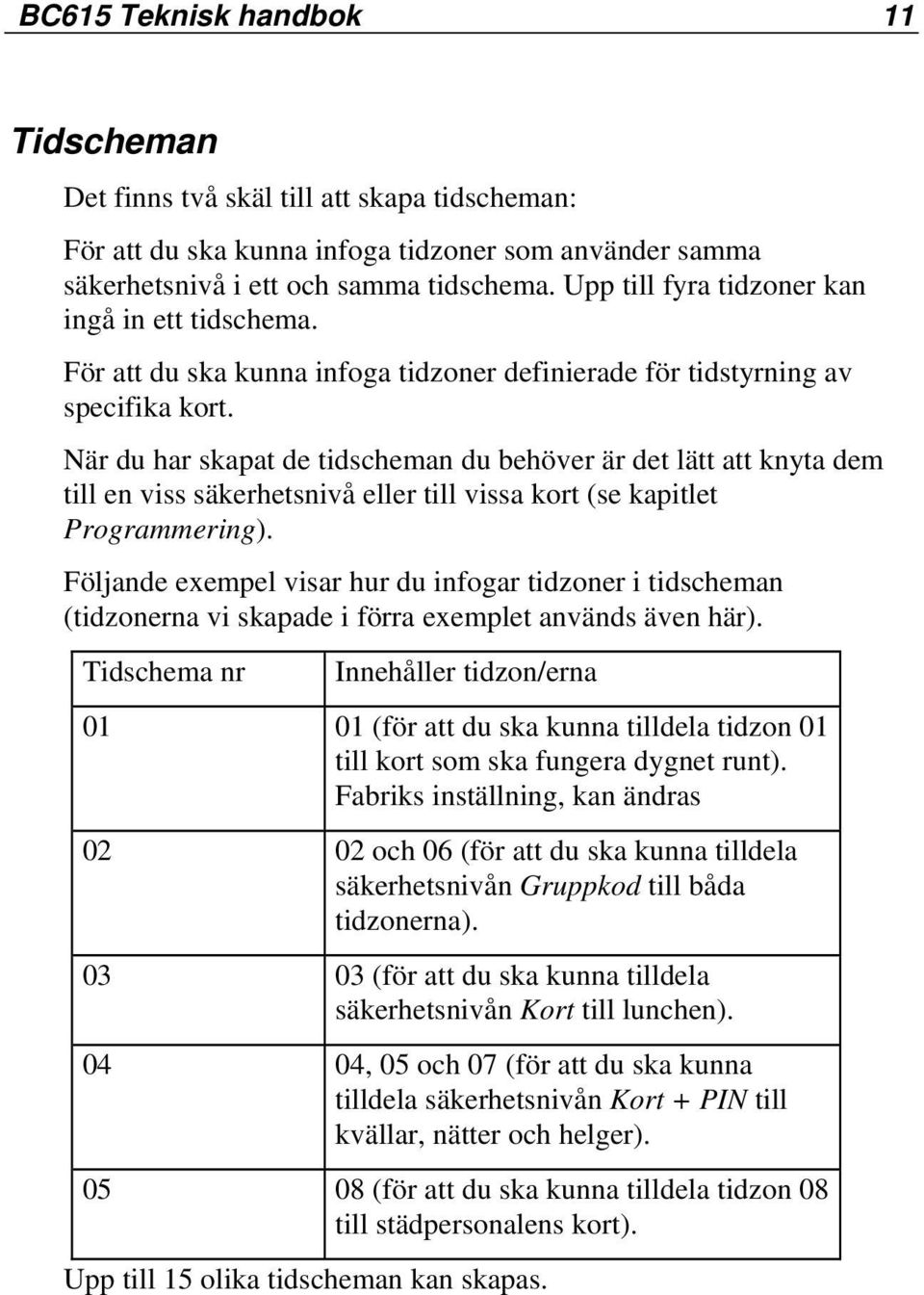 När du har skapat de tidscheman du behöver är det lätt att knyta dem till en viss säkerhetsnivå eller till vissa kort (se kapitlet Programmering).