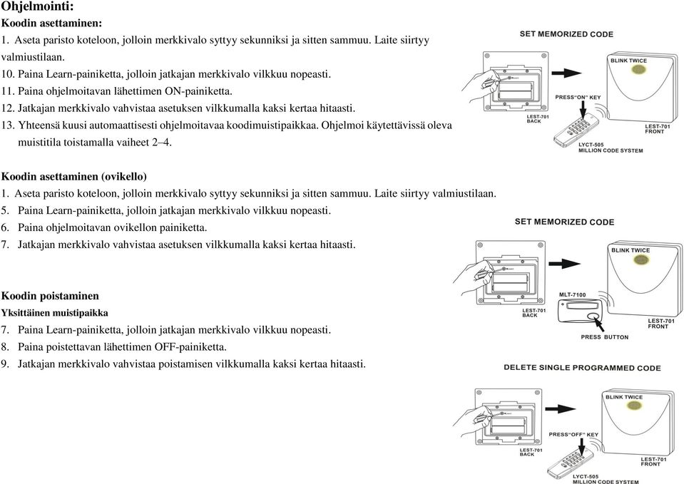 13. Yhteensä kuusi automaattisesti ohjelmoitavaa koodimuistipaikkaa. Ohjelmoi käytettävissä oleva muistitila toistamalla vaiheet 2 4. Koodin asettaminen (ovikello) 1.