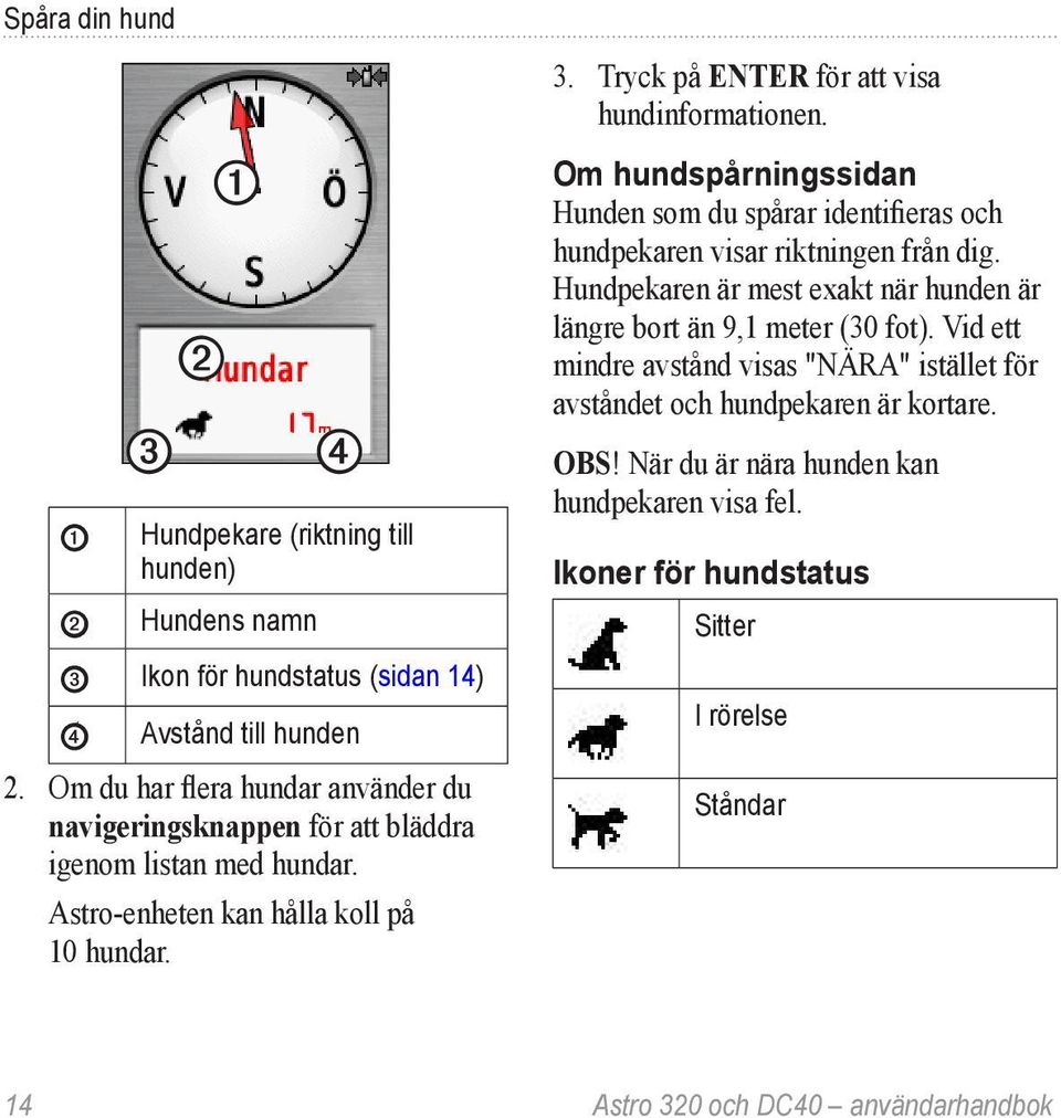 Tryck på ENTER för att visa hundinformationen. Om hundspårningssidan Hunden som du spårar identifieras och hundpekaren visar riktningen från dig.