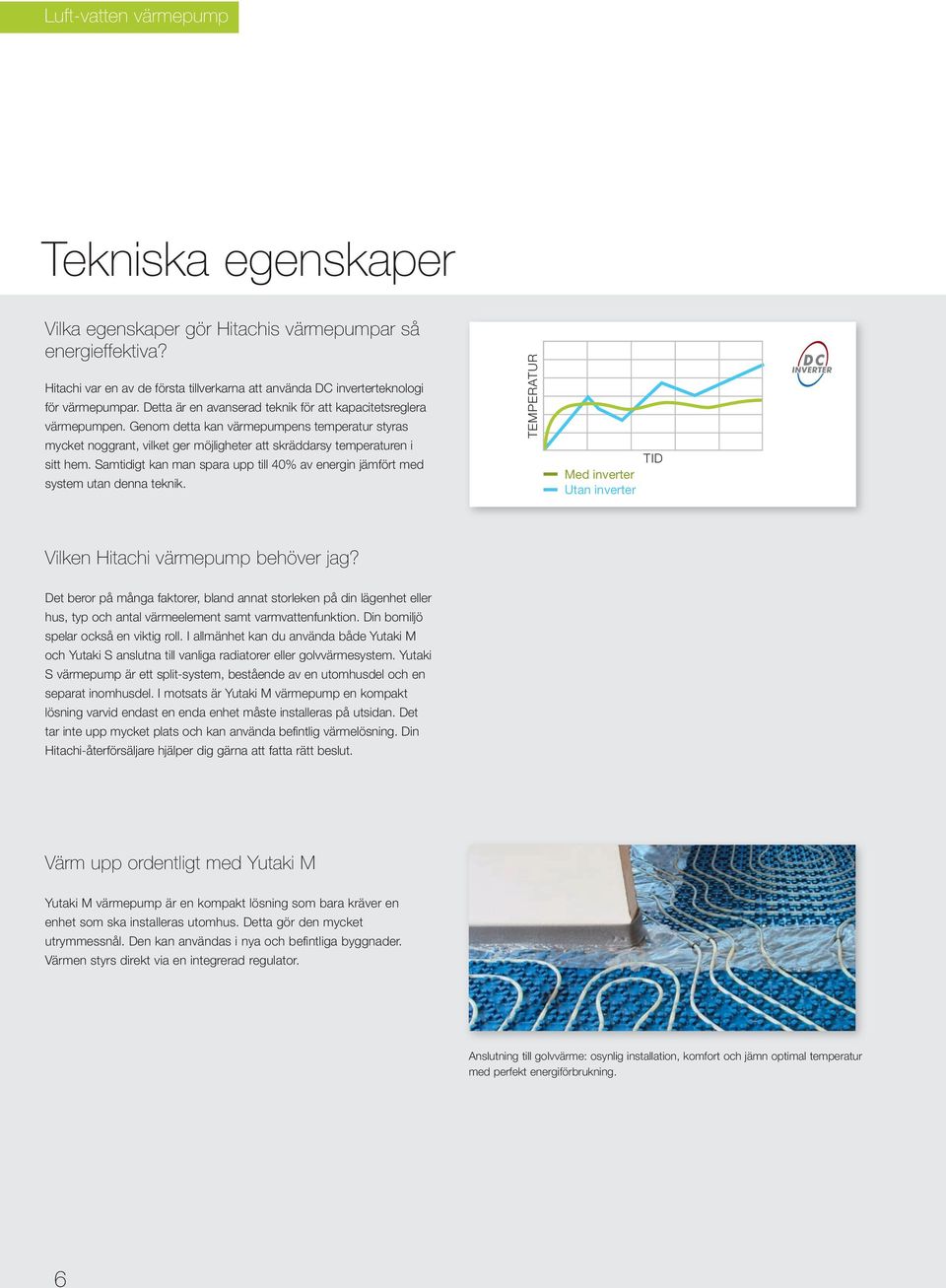 Samtidigt kan man spara upp till 40% av energin jämfört med system utan denna teknik. TEMPERATUR Med inverter Utan inverter TID Vilken Hitachi värmepump behöver jag?