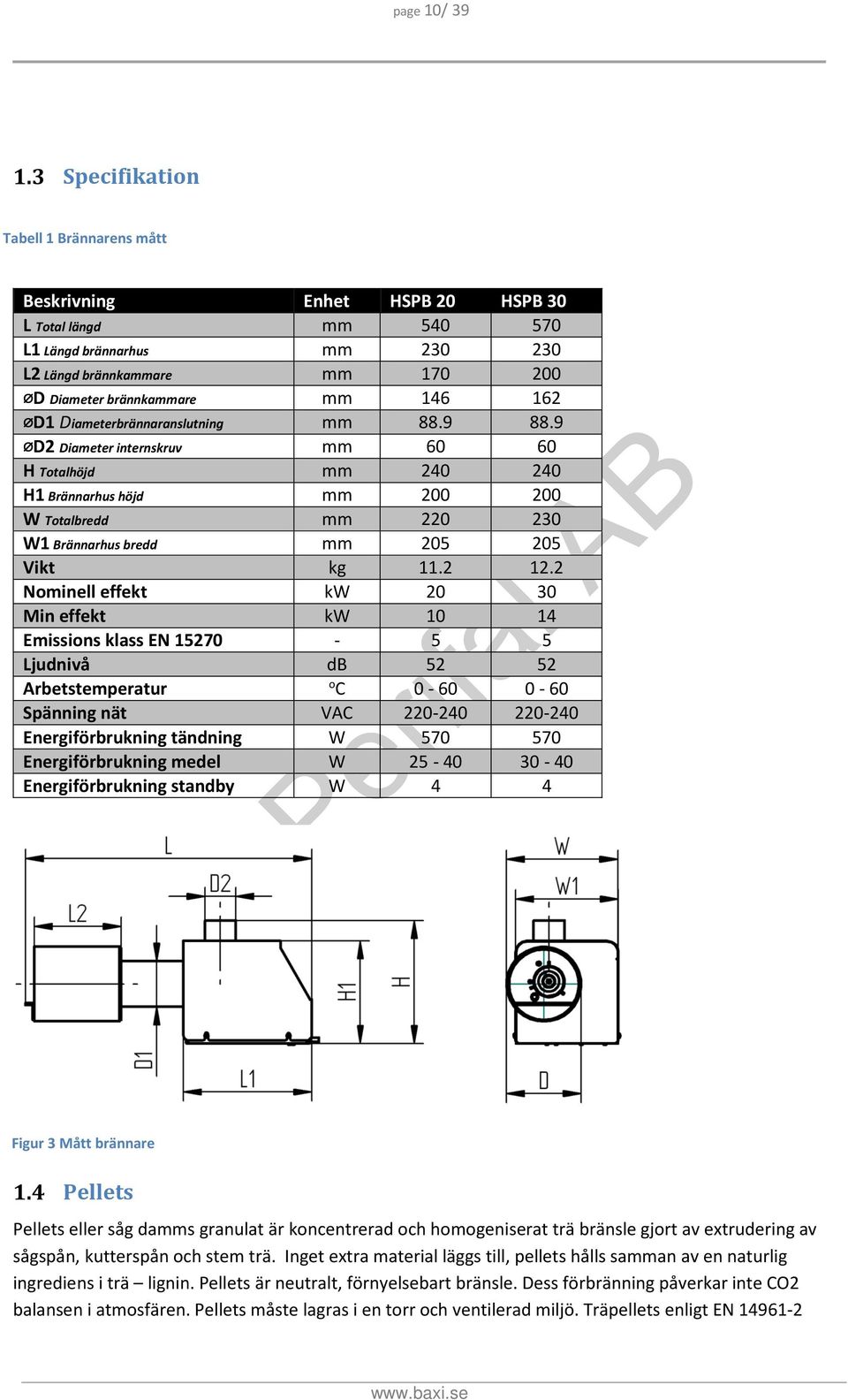 9 D2 Diameter internskruv mm 60 60 H Totalhöjd mm 240 240 H1 Brännarhus höjd mm 200 200 W Totalbredd mm 220 230 W1 Brännarhus bredd mm 205 205 Vikt kg 11.2 12.