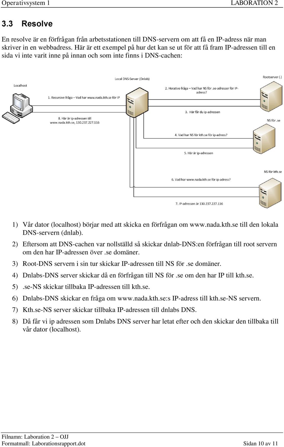 förfrågan om www.nada.kth.se till den lokala DNS-servern (dnlab). 2) Eftersom att DNS-cachen var nollställd så skickar dnlab-dns:en förfrågan till root servern om den har IP-adressen över.se domäner.