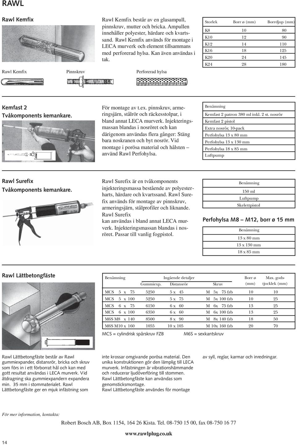 Perforerad hylsa Storlek Borr ø (mm) Borrdjup (mm) K8 10 80 K10 12 90 K12 14 110 K16 18 125 K20 24 145 K24 28 180 Kemfast 2 Tvåkomponents kemankare. För montage av t.ex.