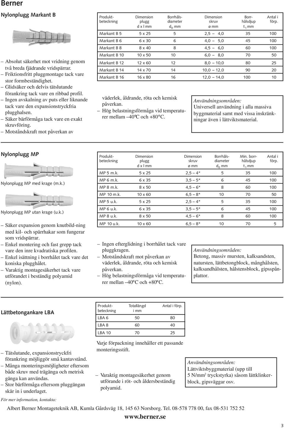 Säker bärförmåga tack vare en exakt skruvföring. Motståndskraft mot påverkan av Produkt- Dimension Borrhåls- Dimension Borr- Antal i beteckning plugg diameter skruv hålsdjup förp.