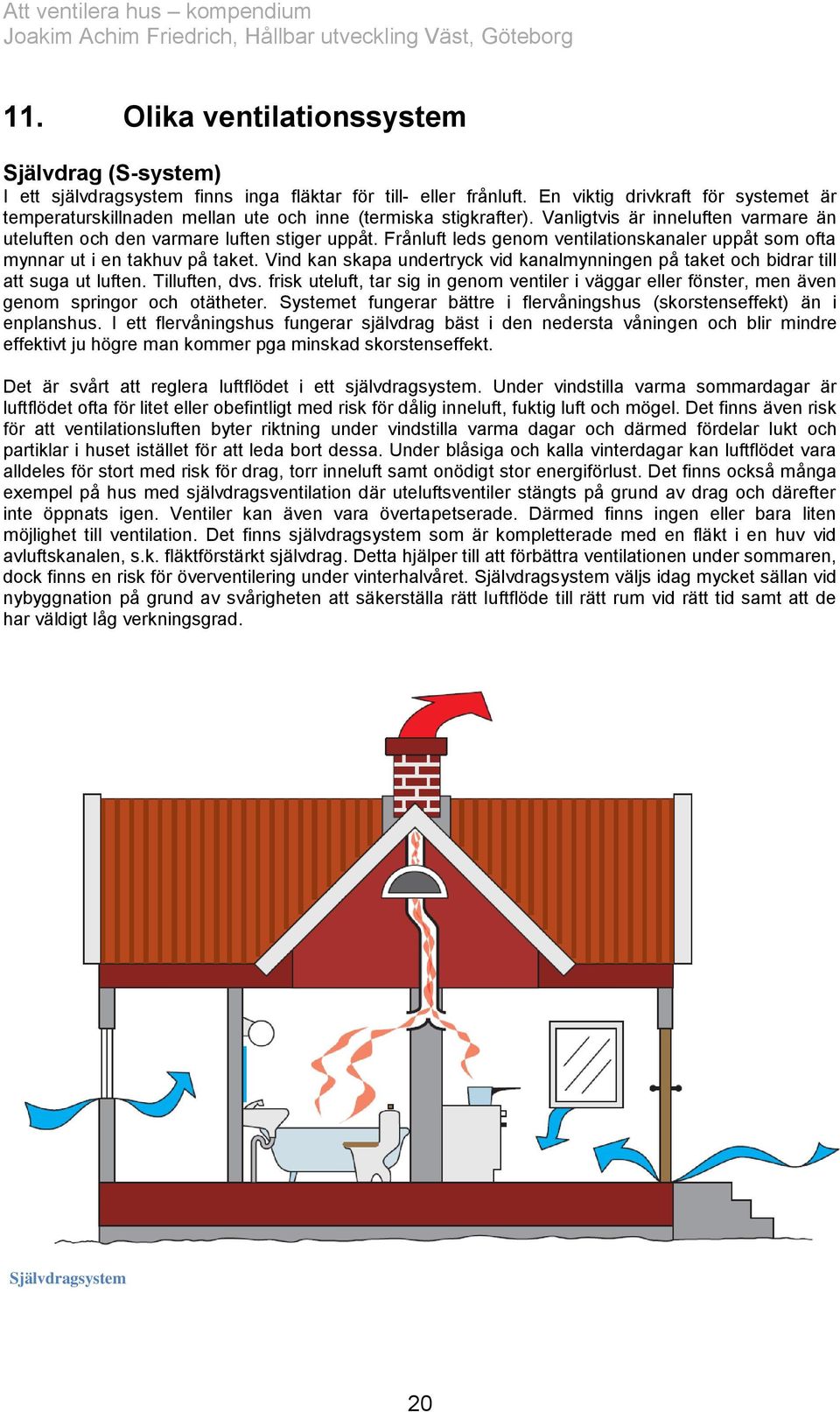 Frånluft leds genom ventilationskanaler uppåt som ofta mynnar ut i en takhuv på taket. Vind kan skapa undertryck vid kanalmynningen på taket och bidrar till att suga ut luften. Tilluften, dvs.