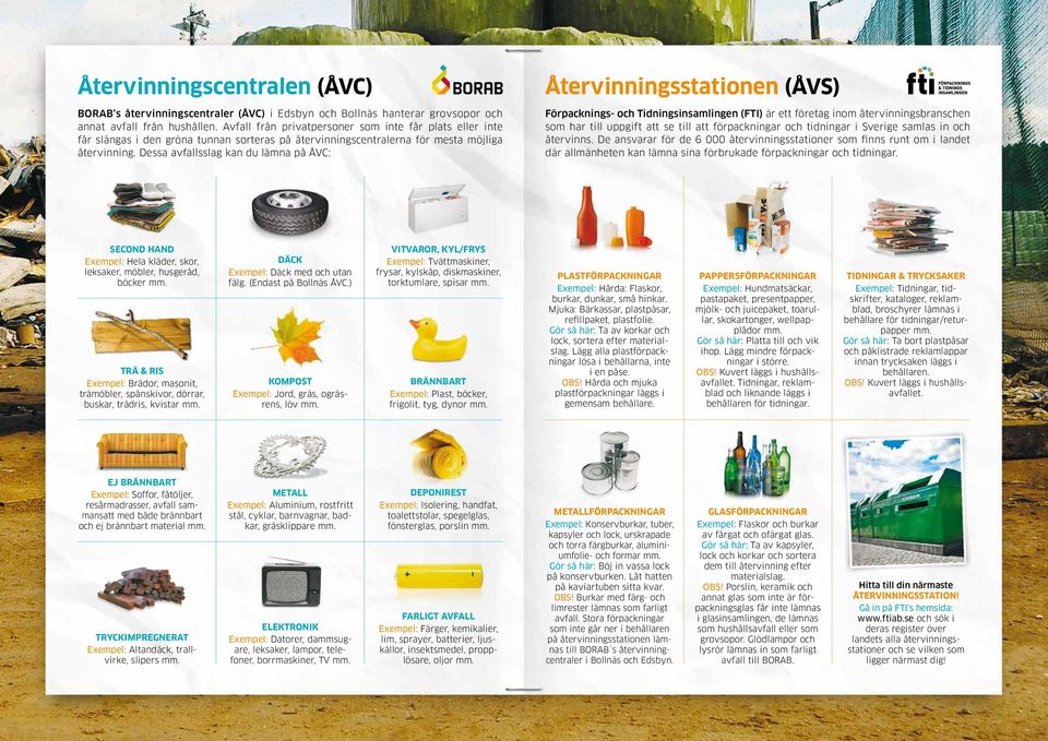Dessa avfallsslag kan du lämna på ÅVC: Återvinningsstationen (ÅVS) Förpacknings- och Tidningsinsamlingen (FTI) är ett företag inom återvinningsbranschen som har till uppgift att se till att