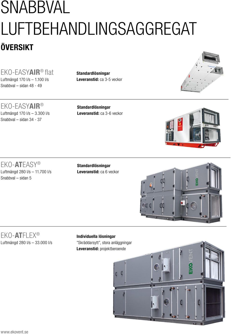 300 l/s Snabbval sidan 34-37 Standardlösningar Leveranstid: ca 3-6 veckor EKO-ATeasy Luftmängd 280 l/s 11.