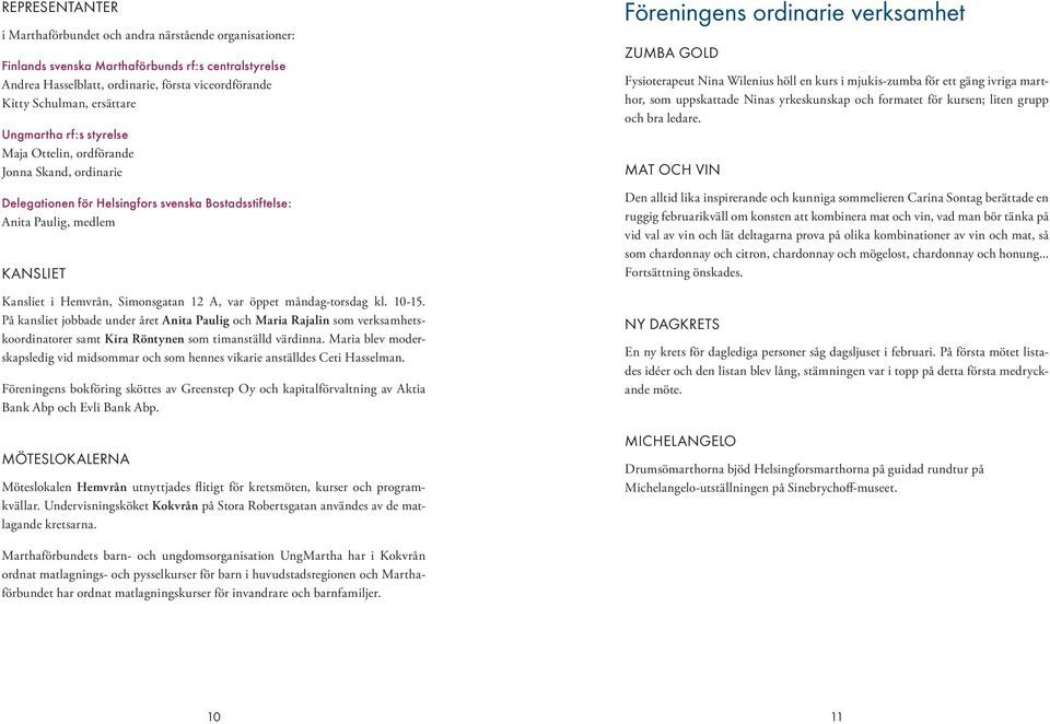 12 A, var öppet måndag-torsdag kl. 10-15. På kansliet jobbade under året Anita Paulig och Maria Rajalin som verksamhetskoordinatorer samt Kira Röntynen som timanställd värdinna.