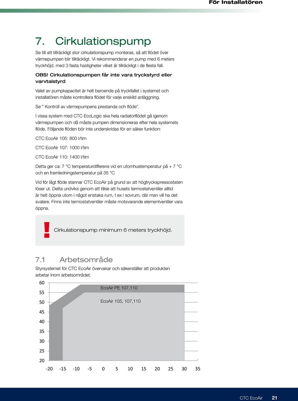 Cirkulationspumpen får inte vara tryckstyrd eller varvtalstyrd Valet av pumpkapacitet är helt beroende på tryckfallet i systemet och installatören måste kontrollera flödet för varje enskild