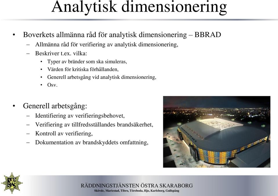 vilka: Typer av bränder som ska simuleras, Värden för kritiska förhållanden, Generell arbetsgång vid analytisk