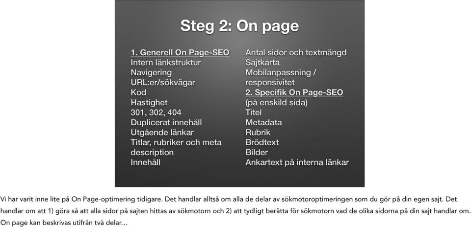 Antal sidor och textmängd Sajtkarta Mobilanpassning / responsivitet 2.