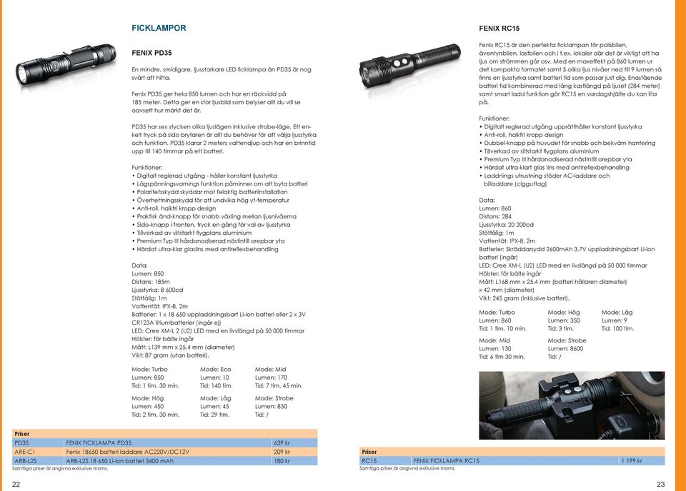 Ett enkelt tryck på sido brytaren är allt du behöver för att välja ljusstyrka och funktion. PD35 klarar 2 meters vattendjup och har en brinntid upp till 140 timmar på ett batteri.