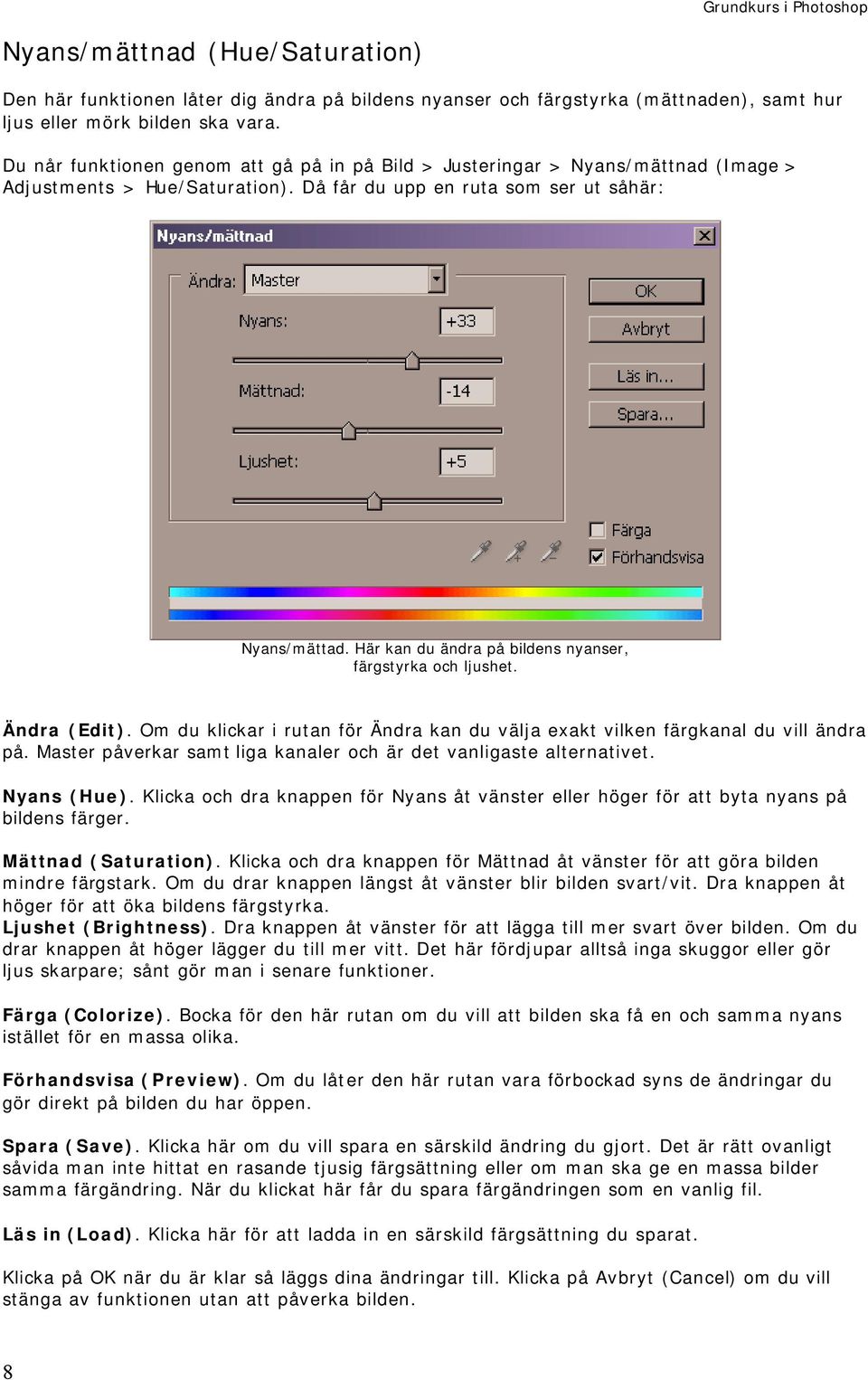 Här kan du ändra på bildens nyanser, färgstyrka och ljushet. Ändra (Edit). Om du klickar i rutan för Ändra kan du välja exakt vilken färgkanal du vill ändra på.