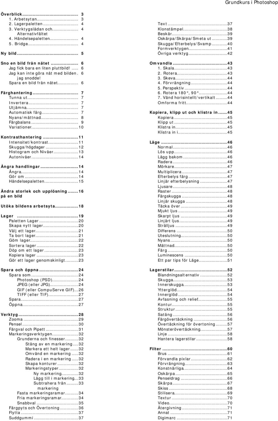 .. 7 Nyans/mättnad... 8 Färgbalans... 9 Variationer...10 Kontrasthantering...11 Intensitet/kontrast...11 Skugga/högdager...12 Histogram och Nivåer...13 Autonivåer...14 Ångra handlingar...14 Ångra...14 Gör om.