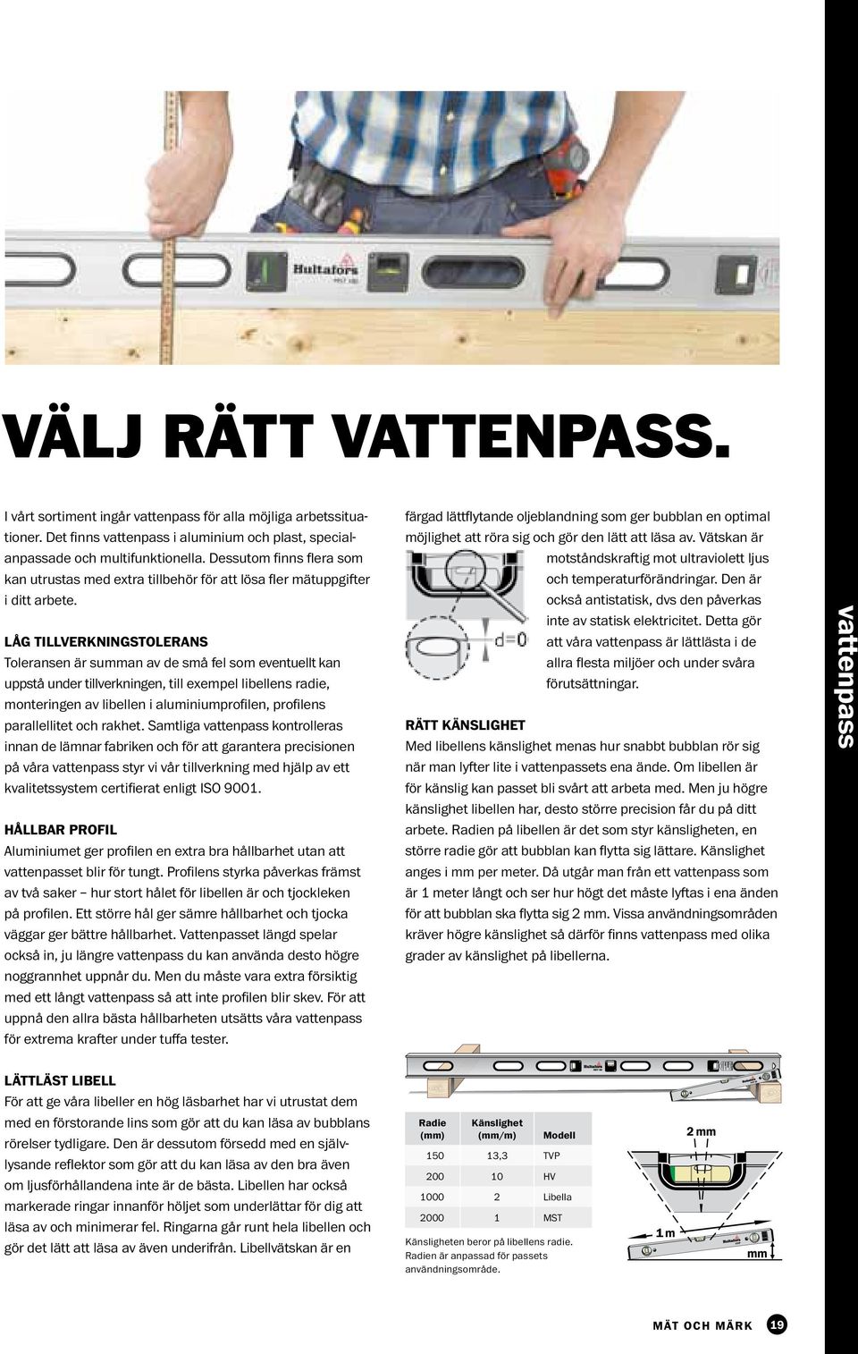 Låg tillverkningstolerans Toleransen är summan av de små fel som eventuellt kan uppstå under tillverkningen, till exempel libellens radie, monteringen av libellen i aluminiumprofilen, profilens