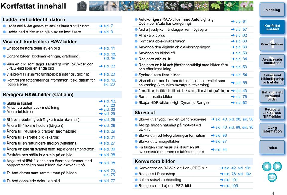 Kontrollera fotograferings, t.ex. datum för fotografering RAW- (ställa in) Ställa in ljushet Använda automatisk inställning Ändra bildstilen sid. 0, sid. sid., sid. 6 sid. sid. 6 Skärpa modulering och färgkontraster (kontrast) sid.