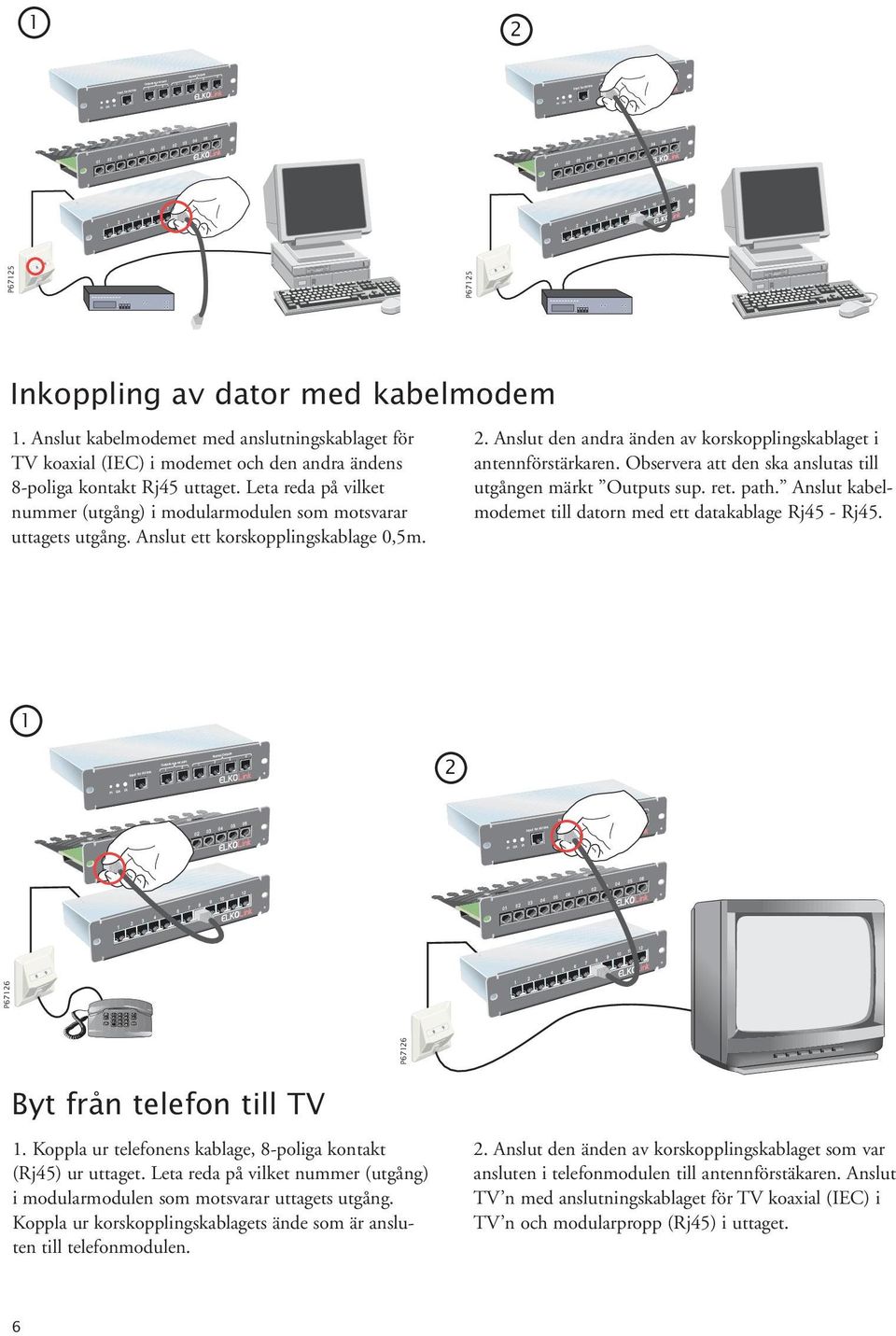 Observera att den ska anslutas till utgången märkt Outputs sup. ret. path. Anslut kabelmodemet till datorn med ett datakablage Rj45 - Rj45. 1 2 P67126 P67126 P67125 P67125 Byt från telefon till TV 1.