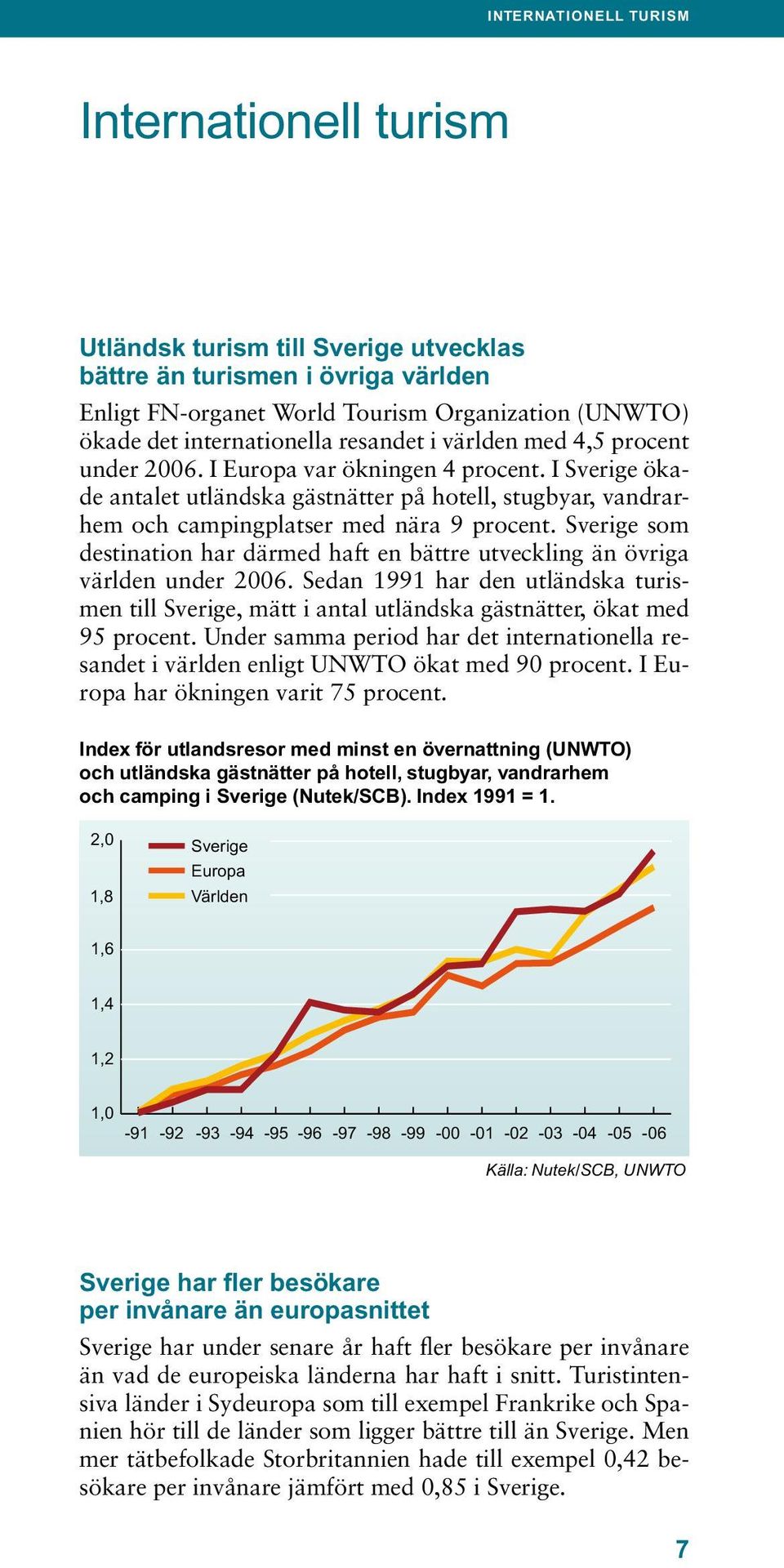 Sverige som destination har därmed haft en bättre utveckling än övriga världen under 2006. Sedan 1991 har den utländska turismen till Sverige, mätt i antal utländska gästnätter, ökat med 95 procent.