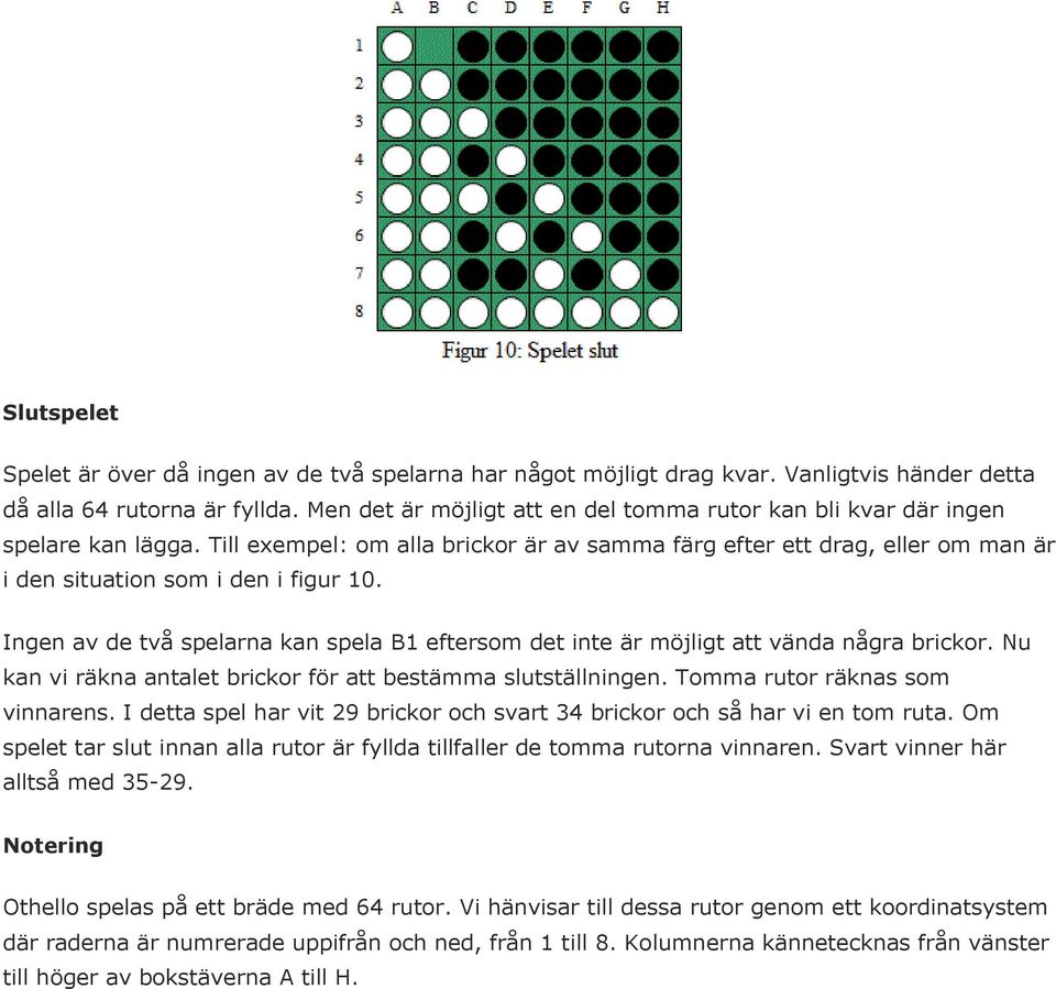 Ingen av de två spelarna kan spela B1 eftersom det inte är möjligt att vända några brickor. Nu kan vi räkna antalet brickor för att bestämma slutställningen. Tomma rutor räknas som vinnarens.