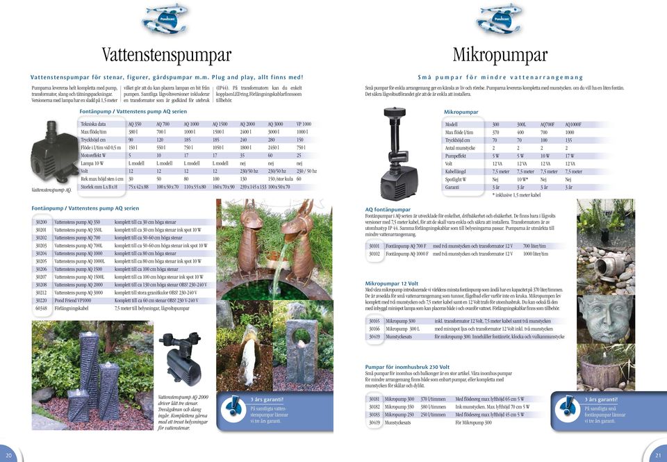 Samtliga lågvoltsversioner inkluderar en transformator som är godkänd för utebruk Fontänpump / Vattenstens pump AQ serien (IP44). På transformatorn kan du enkelt koppla en LED ring.